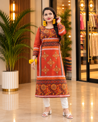 Alternative view of Sunflower – Slub Cotton Kurti with Block Print & Hand Stitch