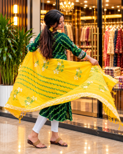 Alternative view of Green Slub Cotton Kurti with Block Print & Ari Embroidery, Paired with Cotton Orna