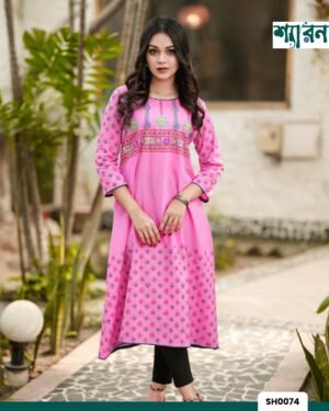 Pink Round Kurti - Aarong-style Handwork & Block Print