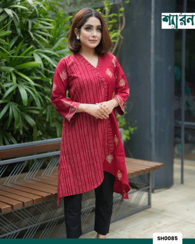 Hand Stitch Two Piece with Block Print -Red Kurti & Black Pant