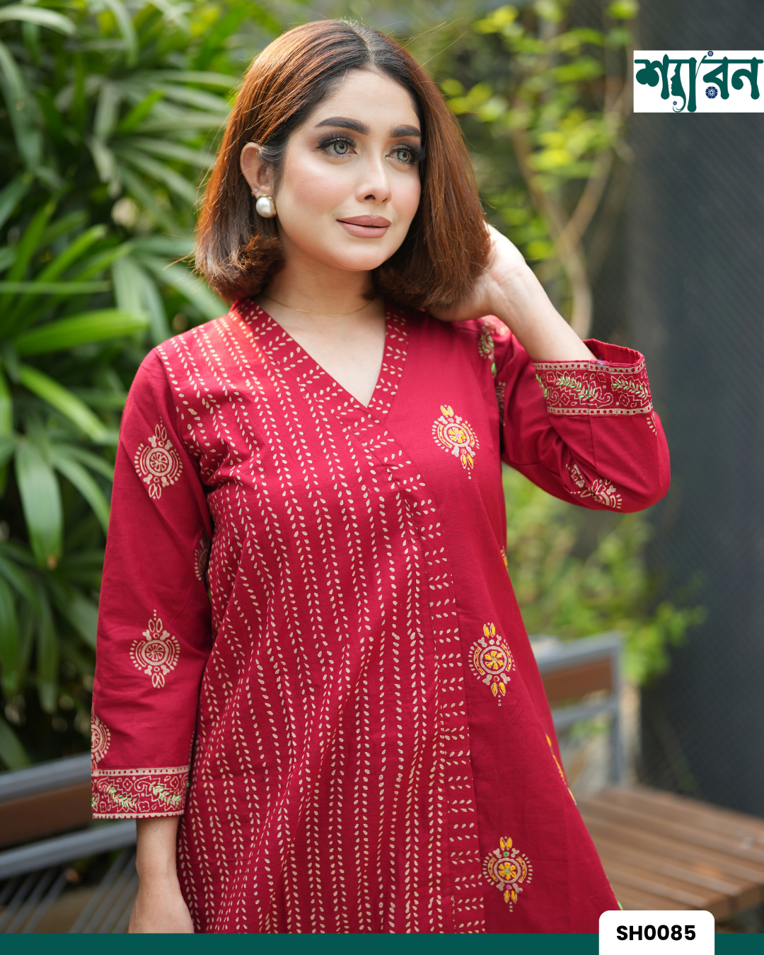 Hand Stitch Two Piece with Block Print -Red Kurti & Black Pant - Image 3