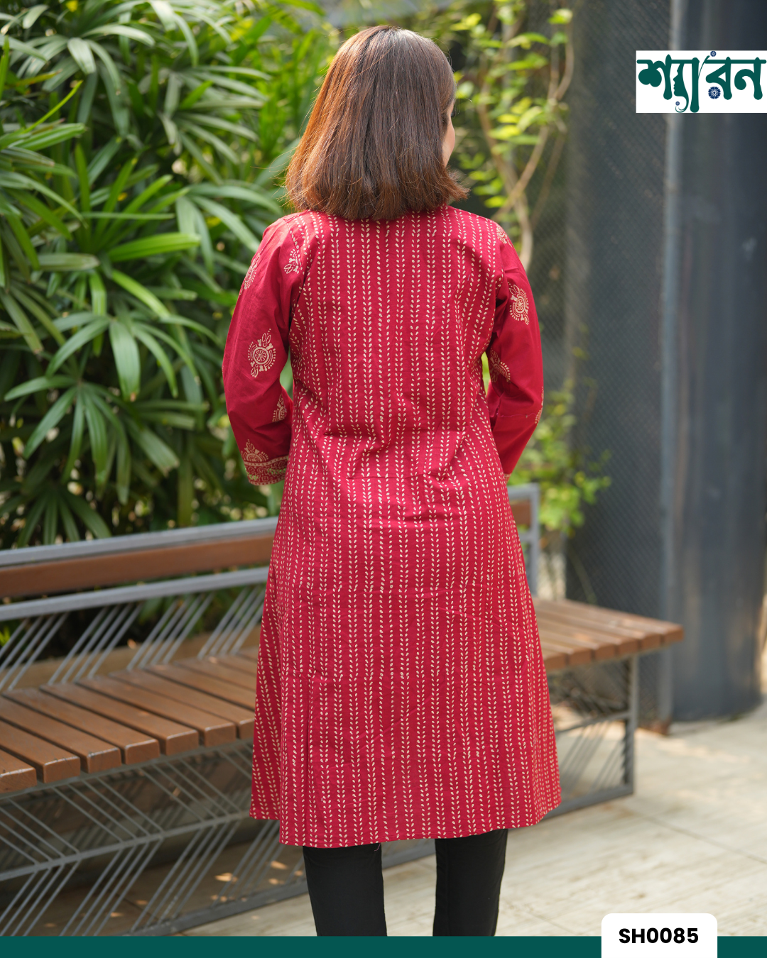 Hand Stitch Two Piece with Block Print -Red Kurti & Black Pant - Image 2