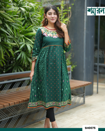 Emerald Slub Cotton Embroidered Round Kurti – SH0075