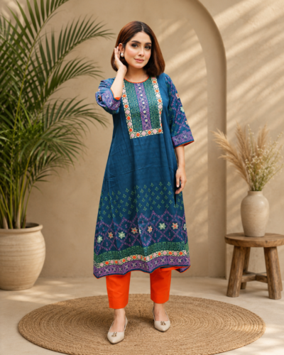 Jacquard Cotton Block Print Handcrafted Kurti with Pant
