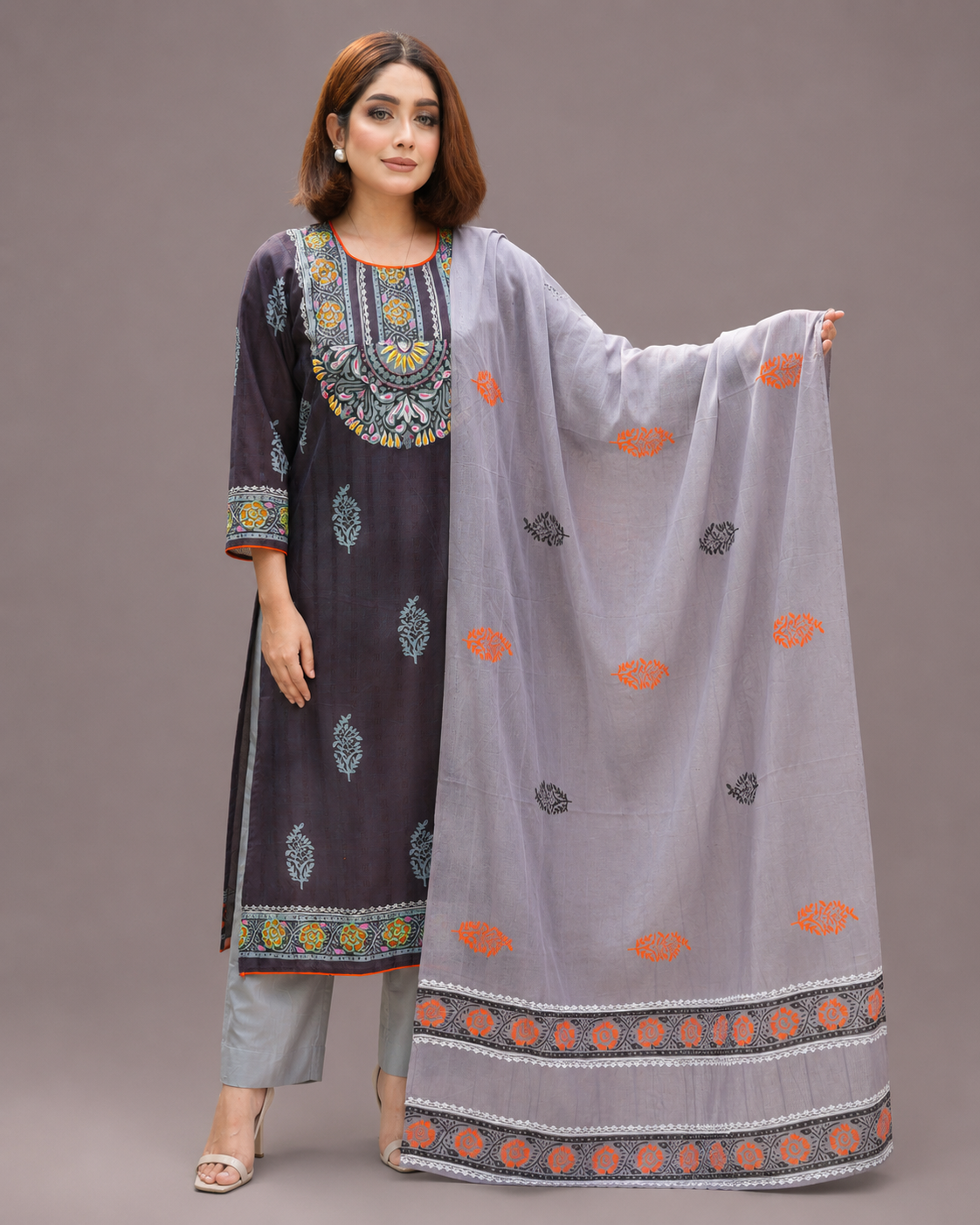 Charcoal Black Viscose Cotton Kamiz Set