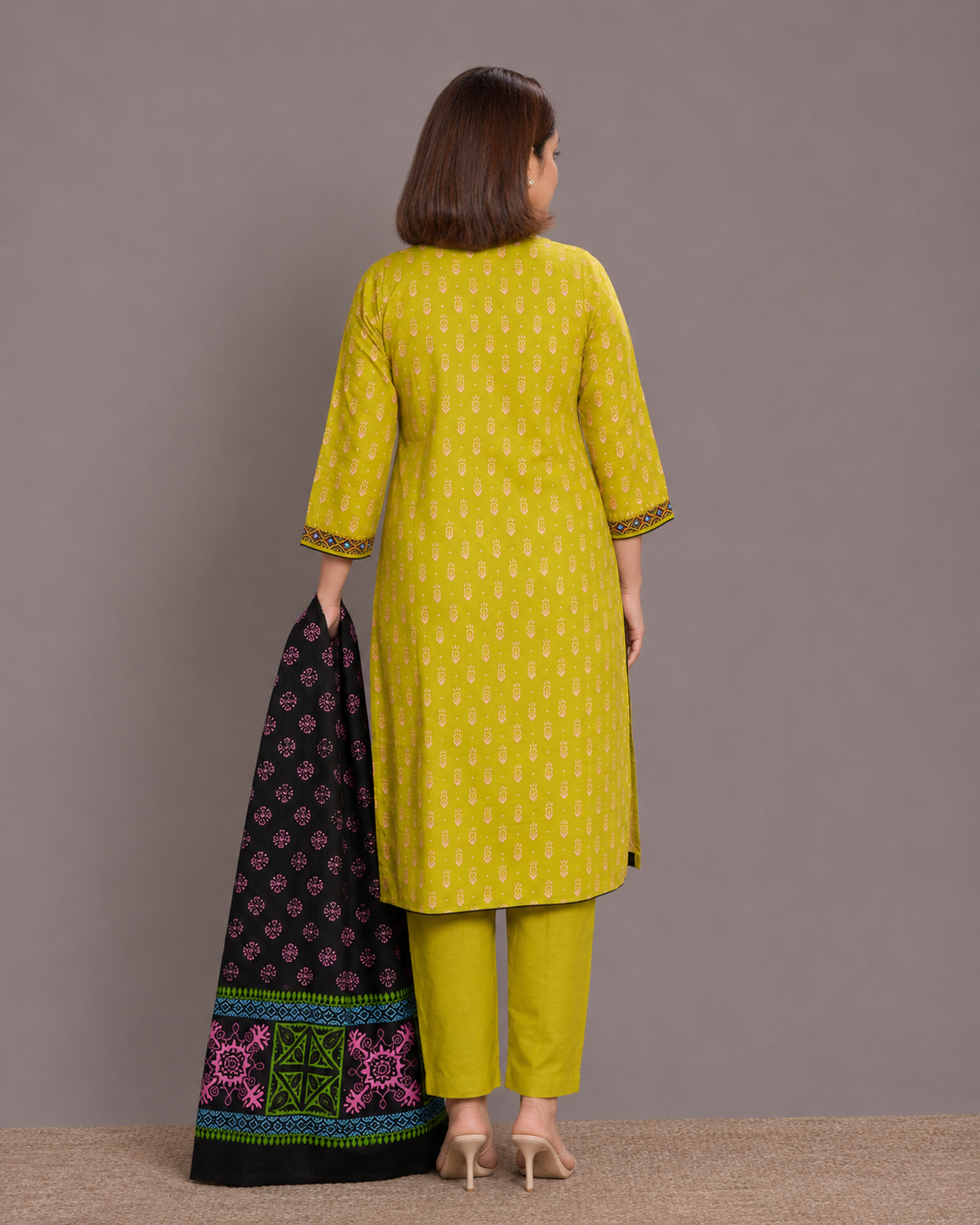 Olive Green Slub Cotton Salwar Kameez - Image 2