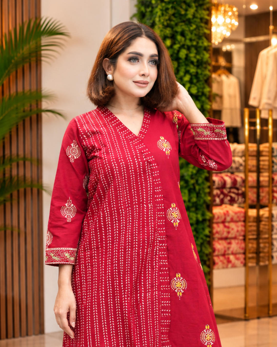 Hand Stitch Two Piece with Block Print -Red Kurti & Black Pant - Image 3