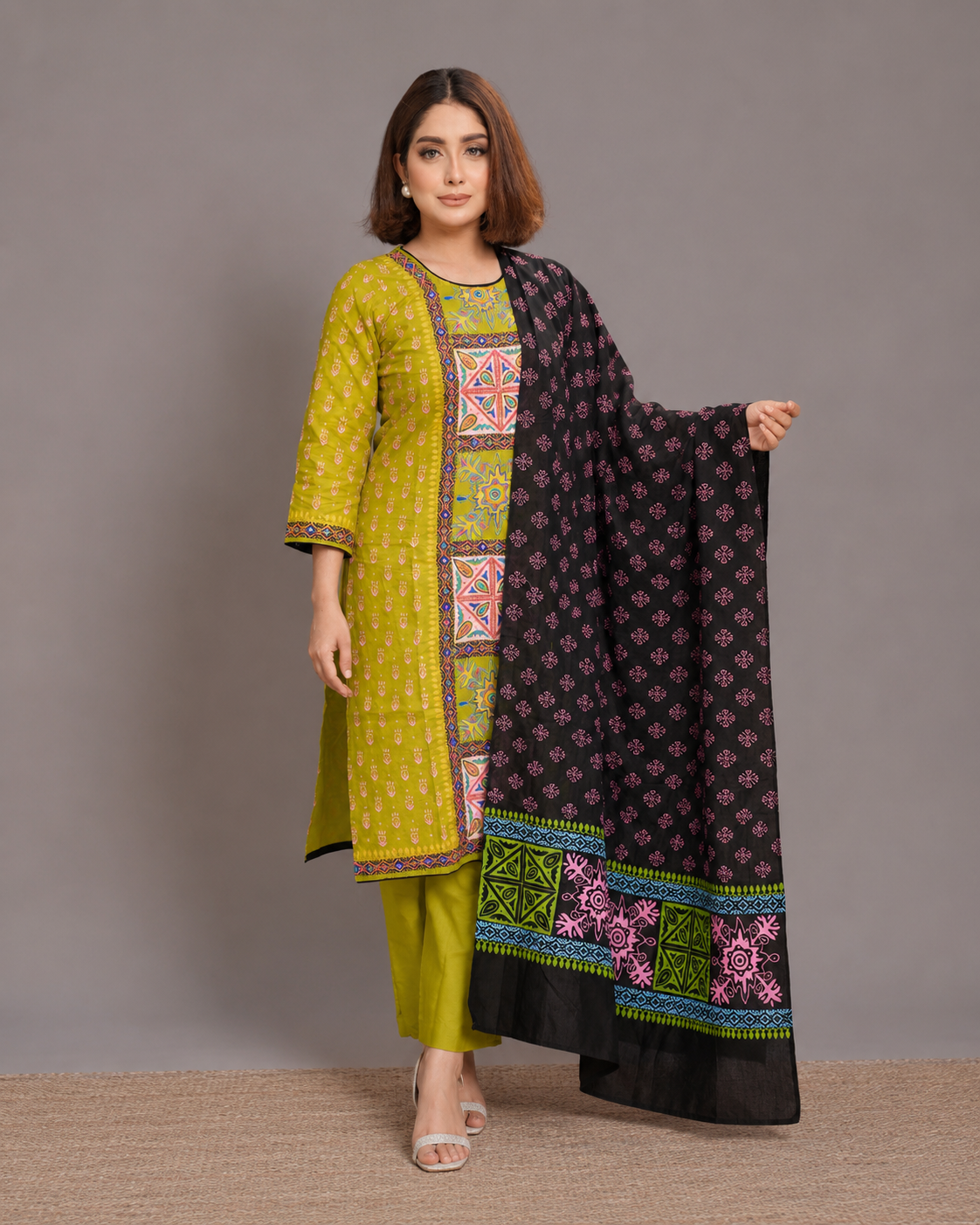Olive Green Slub Cotton Salwar Kameez