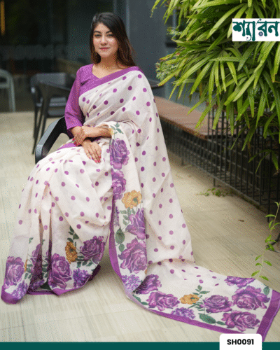 Alternative view of Purple & Off-White Chandni Cotton Digital Print Saree