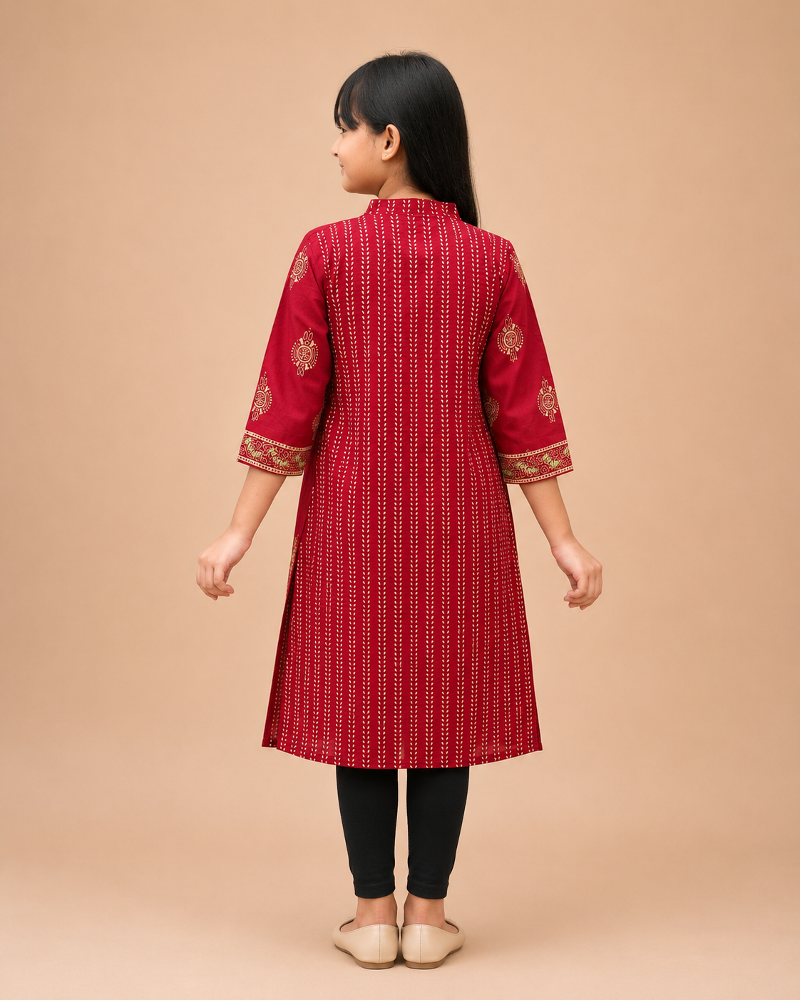 Girls' Hand Stitch with Block Print Stylish Red Kurti - Image 2