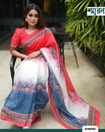Alternative view of Multi Color Floral Digital Print Chandni Cotton Saree with Matching Blouse Piece