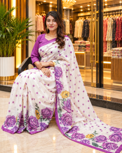 Alternative view of Purple & Off-White Chandni Cotton Digital Print Saree