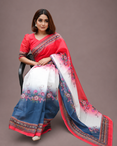 Alternative view of Multi Color Floral Digital Print Chandni Cotton Saree with Matching Blouse Piece