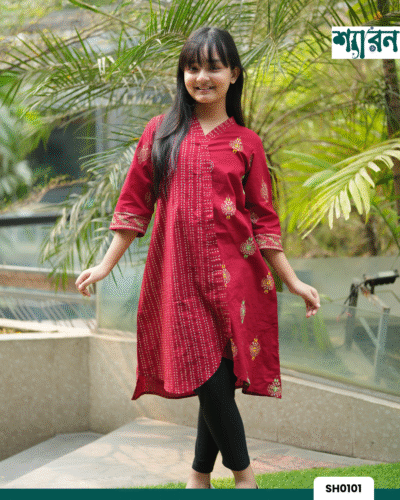 Girls' Hand Stitch with Block Print Stylish Red Kurti
