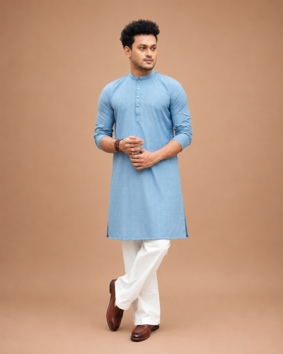 Classic Blue Viscose Cotton Panjabi
