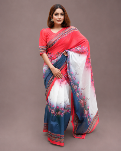 Multi Color Floral Digital Print Chandni Cotton Saree with Matching Blouse Piece