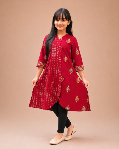 Girls' Hand Stitch with Block Print Stylish Red Kurti