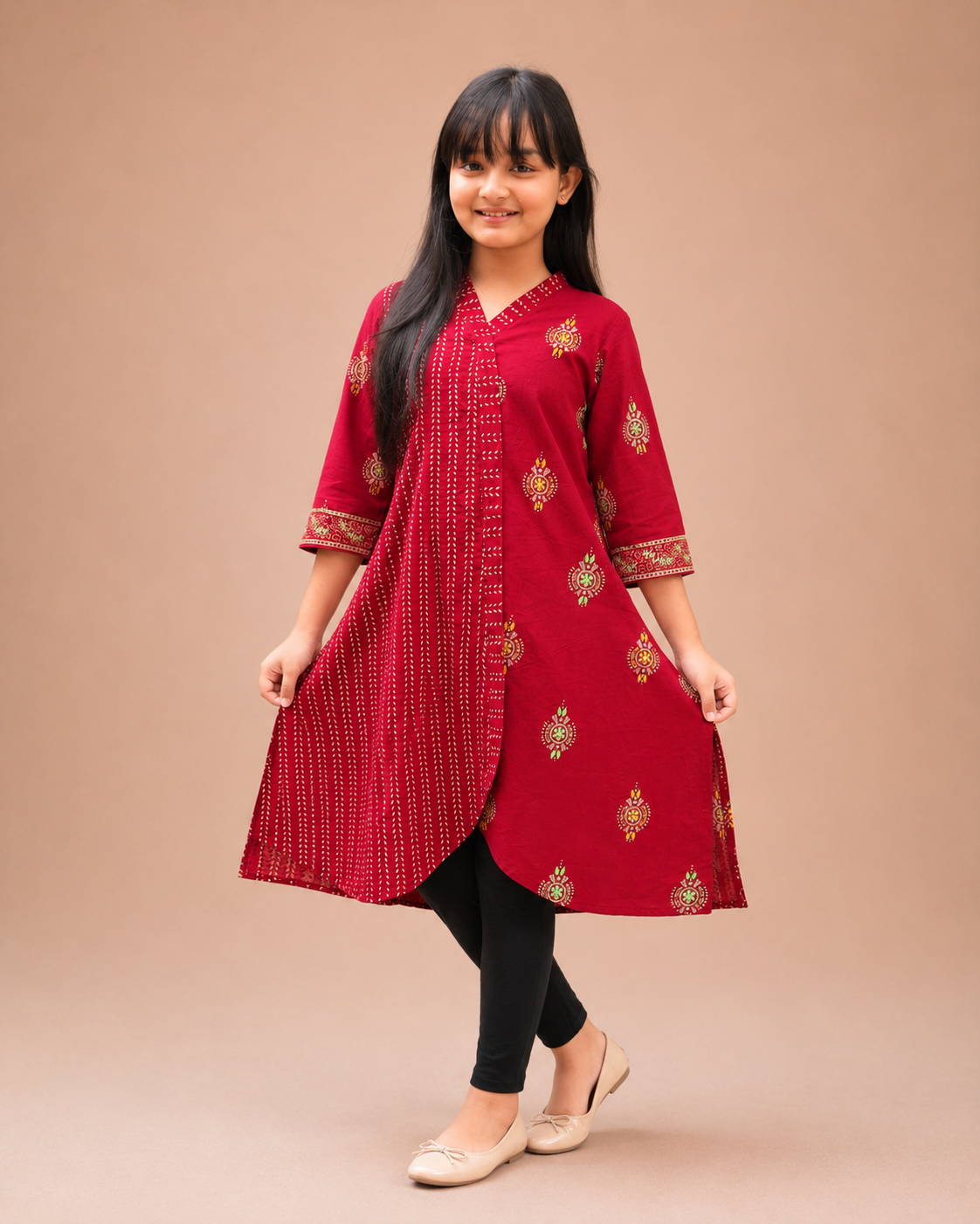 Girls' Hand Stitch with Block Print Stylish Red Kurti