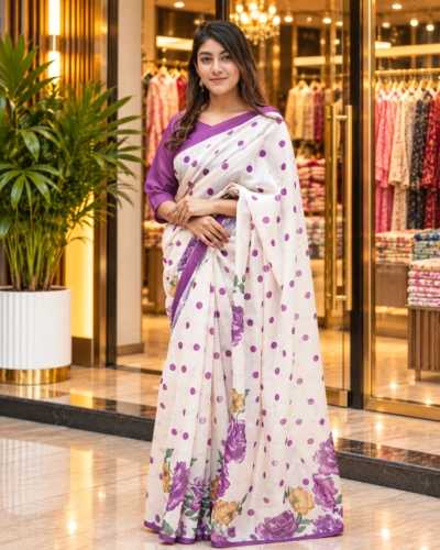 Purple & Off-White Chandni Cotton Digital Print Saree