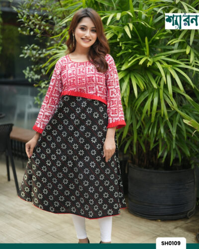 Round Neck Slub Cotton Kurti with Block Print & Handwork