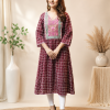 Deep Maroon Cotton Round Kurti with Block Print & Handwork