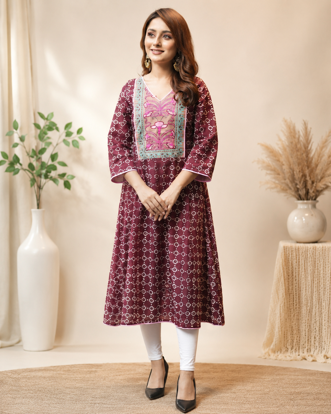 Deep Maroon Cotton Round Kurti with Block Print & Handwork