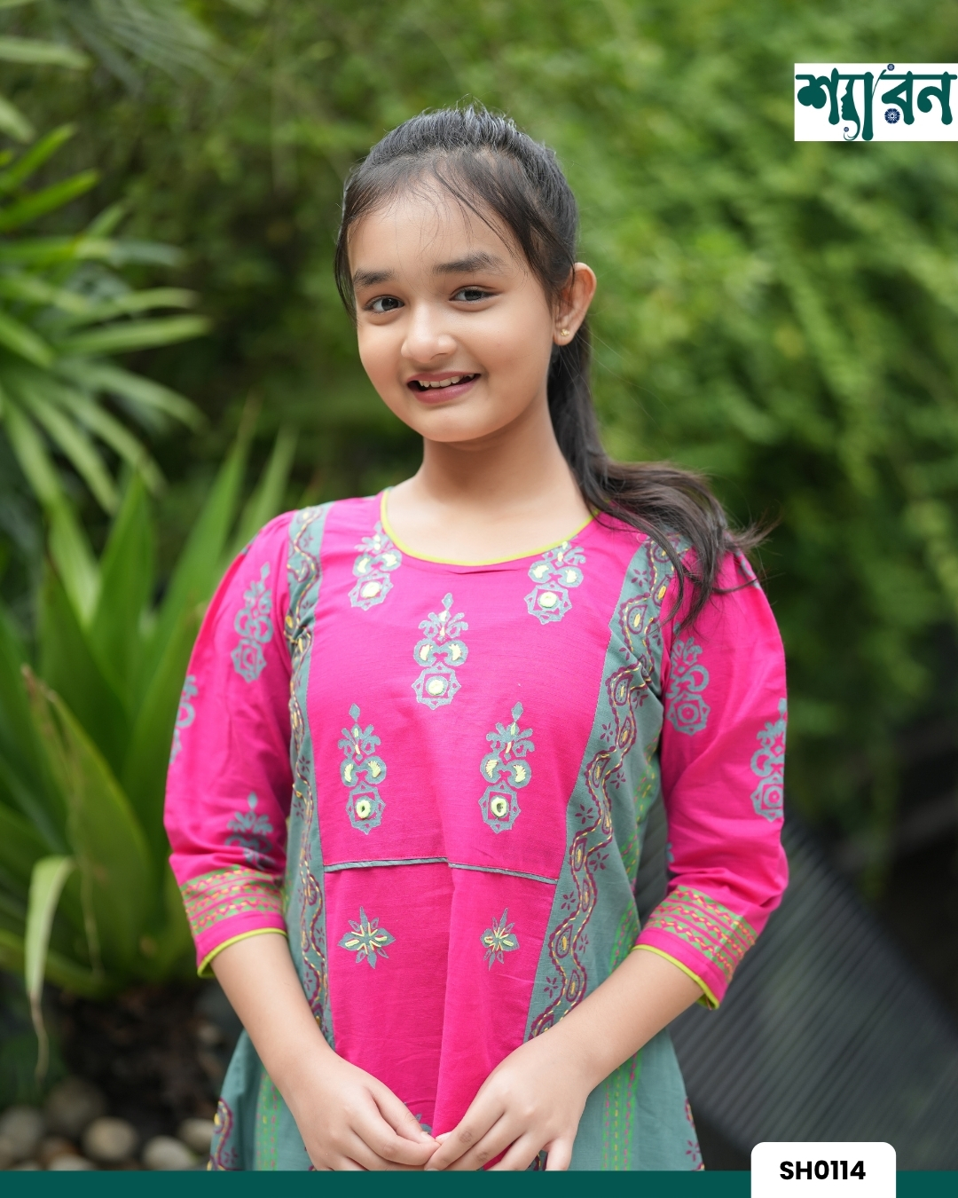 Girls Slub Cotton Round Kurti with Block Print & Handwork - Image 3