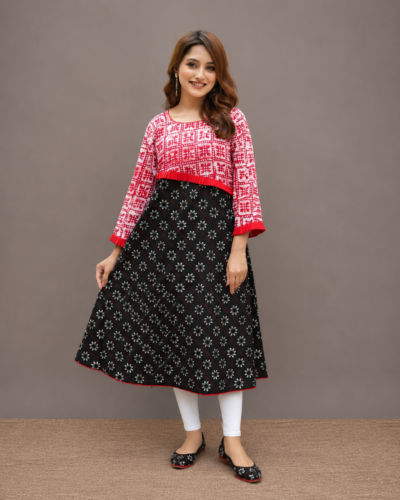 Round Neck Slub Cotton Kurti with Block Print & Handwork