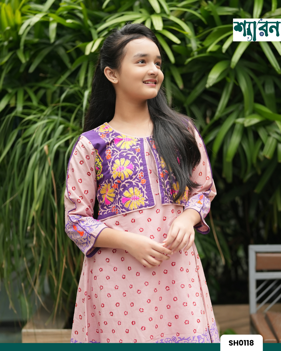 Girls’ Slub Cotton Block Print Handwork Frock - Image 3