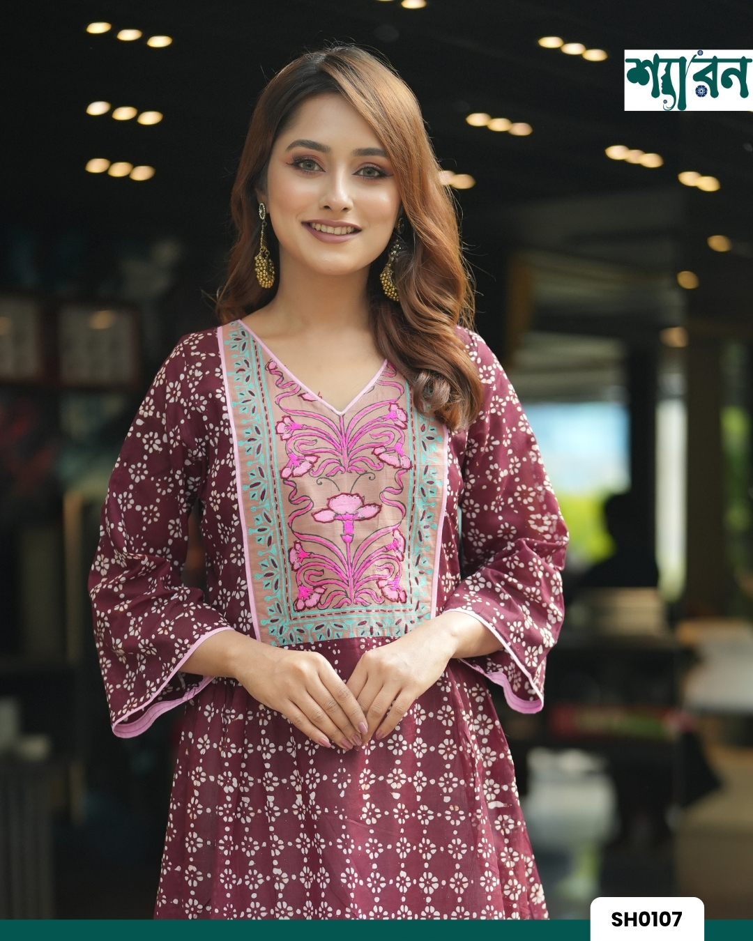 Deep Maroon Cotton Round Kurti with Block Print & Handwork - Image 3