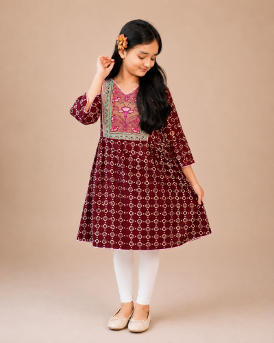 Girls’ Maroon Cotton Round Kurti