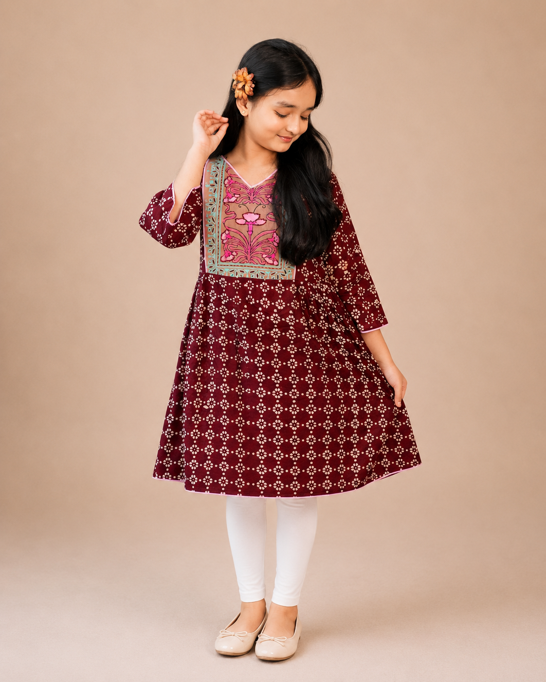 Girls’ Maroon Cotton Round Kurti