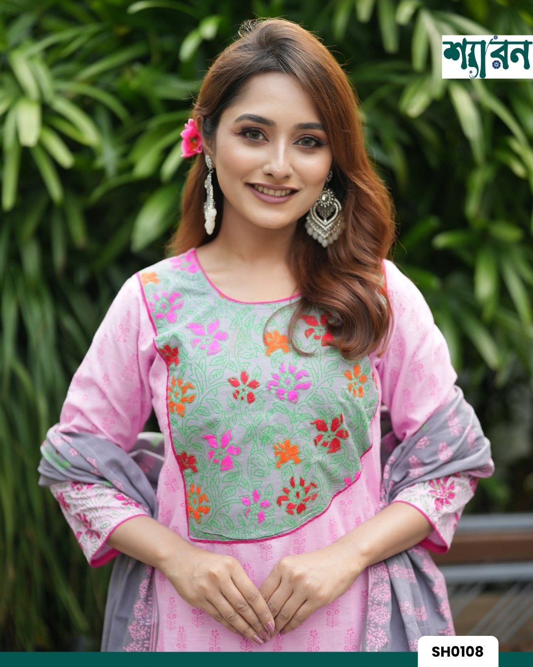 Soft Pink Slub Cotton Salwar Kamiz with Handwork & Block Print - Image 3