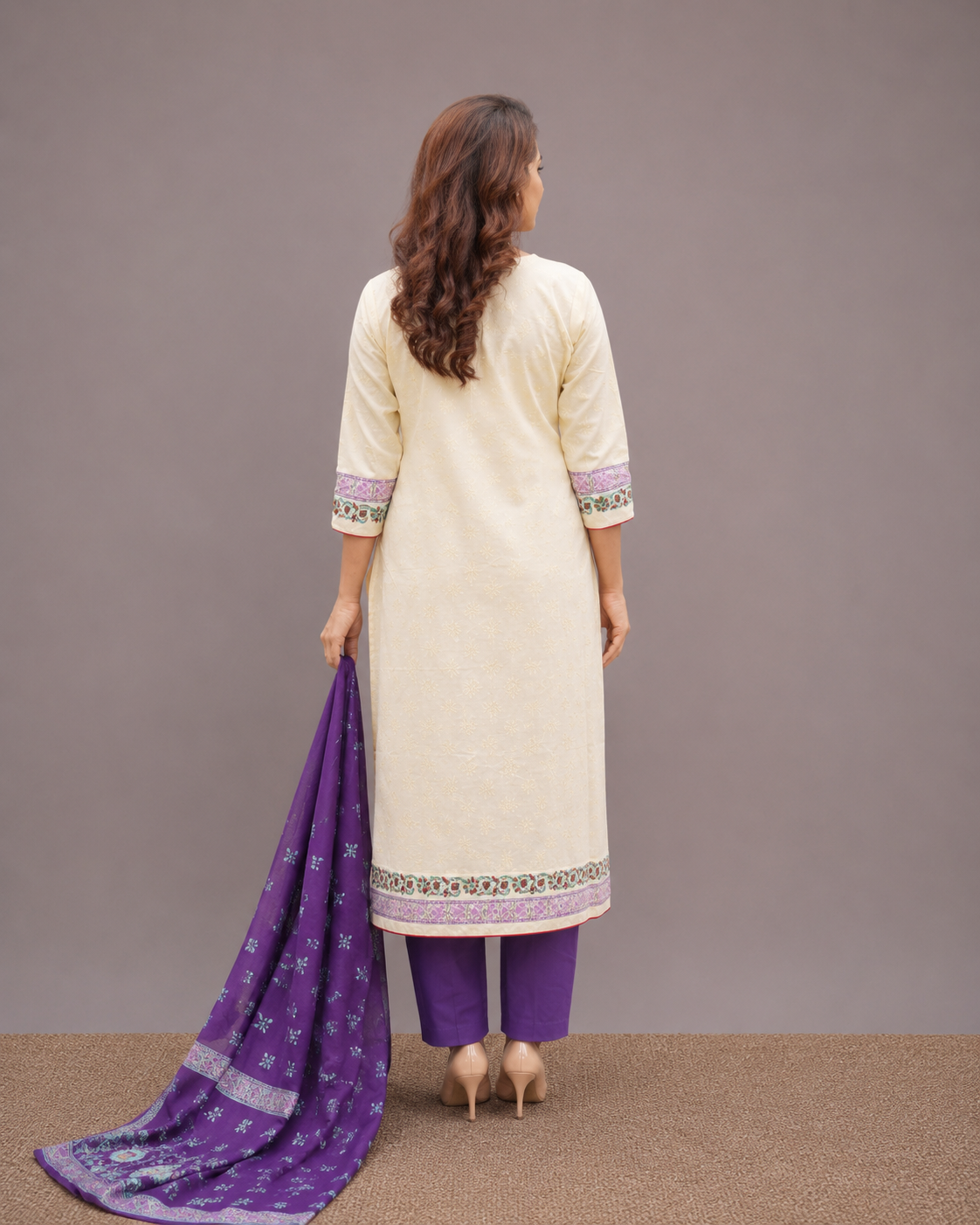 Off-White Slub Cotton 3-Piece Set with Handworked Block Print - Image 2