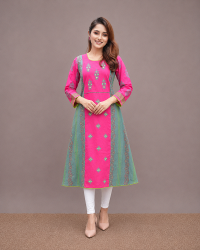 Pink Round Kurti - Block Print with Handwork