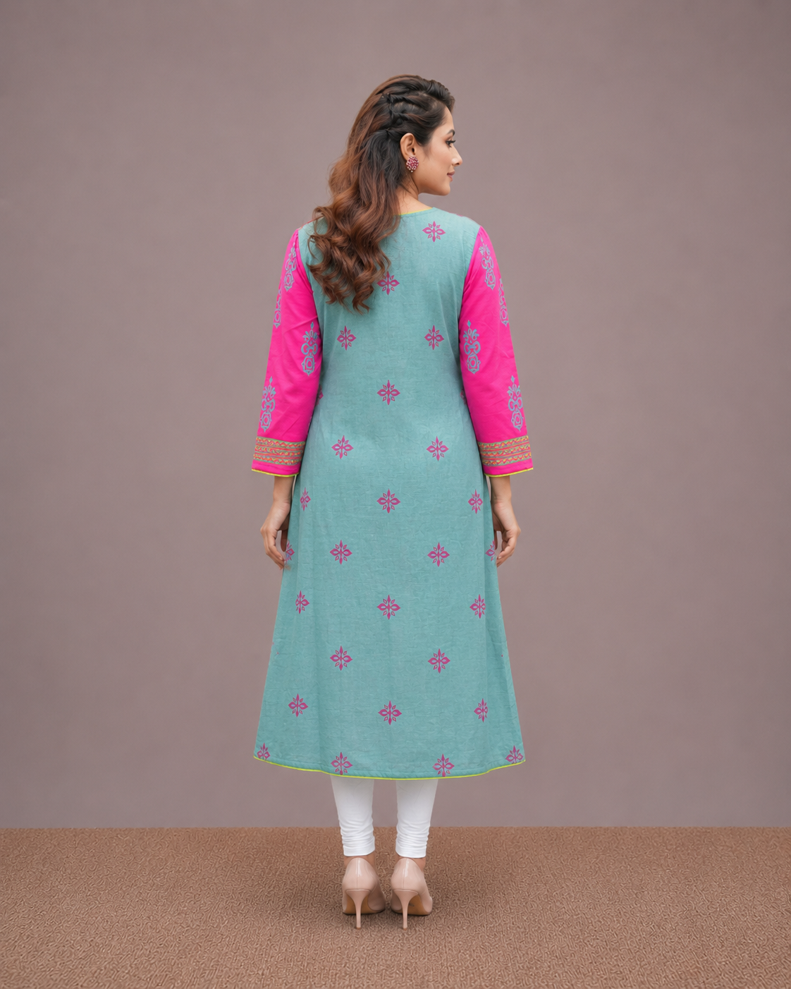 Pink Round Kurti - Block Print with Handwork - Image 2