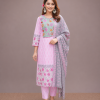 Soft Pink Slub Cotton Salwar Kamiz with Handwork & Block Print