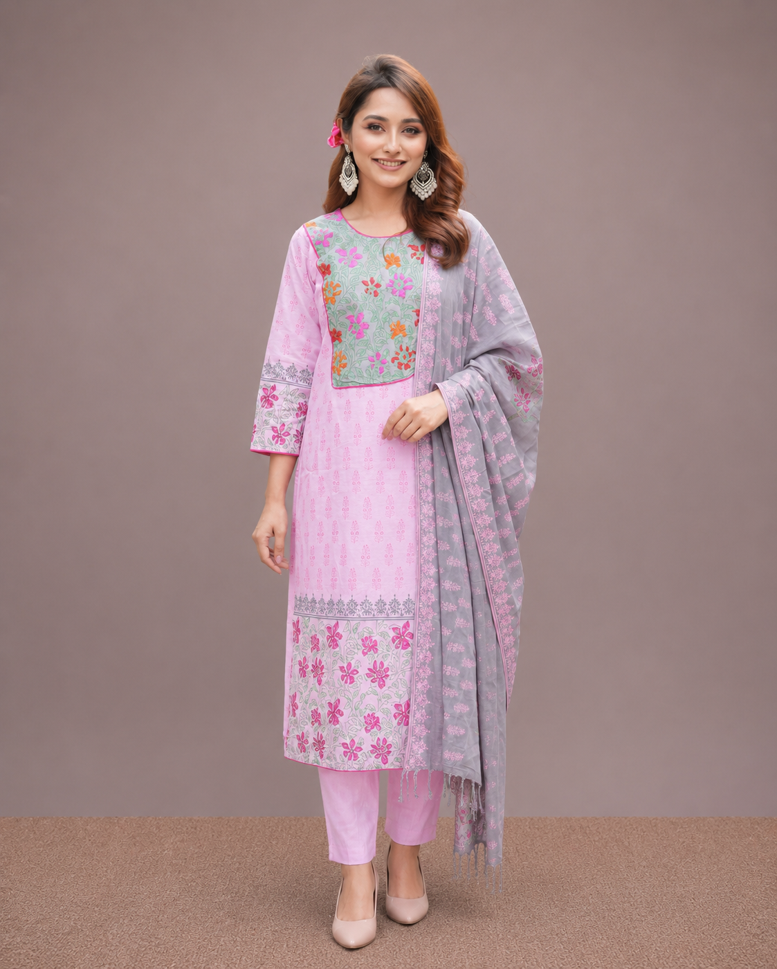 Soft Pink Slub Cotton Salwar Kamiz with Handwork & Block Print