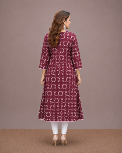 Alternative view of Deep Maroon Cotton Round Kurti with Block Print & Handwork