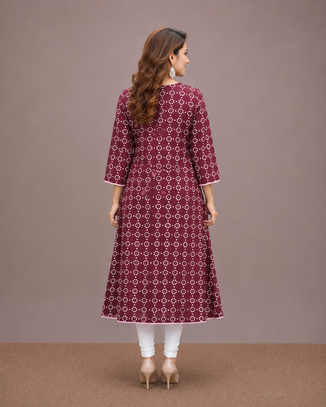 Deep Maroon Cotton Round Kurti with Block Print & Handwork - Image 2
