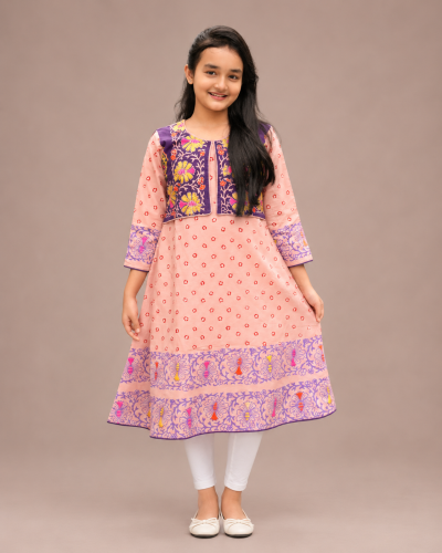 Girls’ Slub Cotton Block Print Handwork Frock