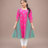 Girls Slub Cotton Round Kurti with Block Print & Handwork