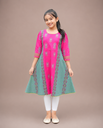 Girls Slub Cotton Round Kurti with Block Print & Handwork