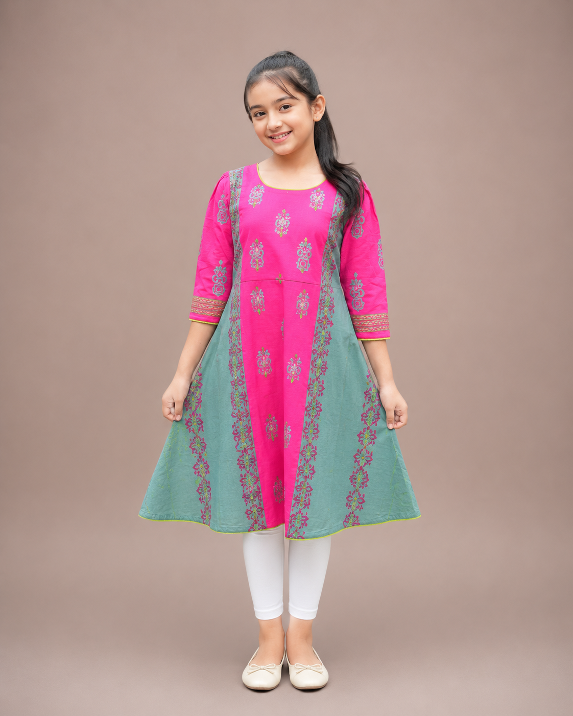 Girls Slub Cotton Round Kurti with Block Print & Handwork