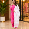 Bright Pink Cotton Salwar Kamiz with White Dupatta