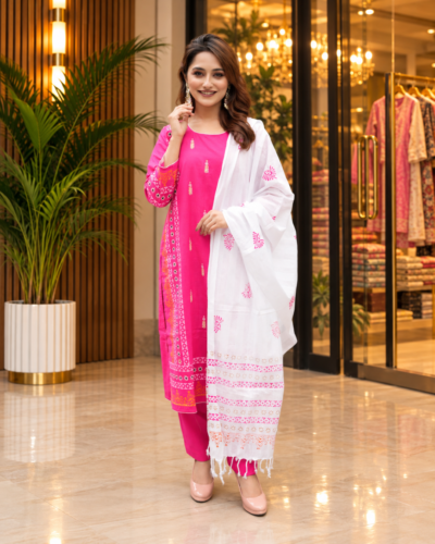 Bright Pink Cotton Salwar Kamiz with White Dupatta