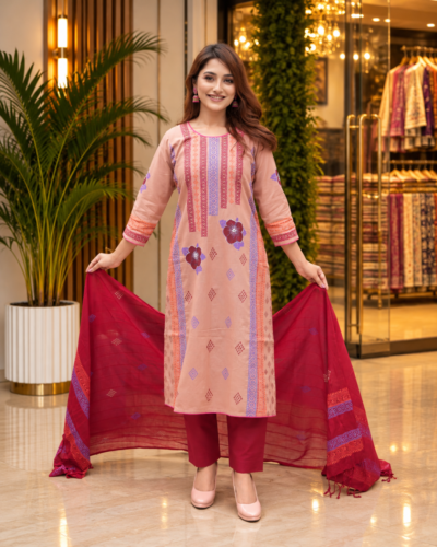 Peach Slub Cotton Salwar Kamiz - Block Print with Handwork
