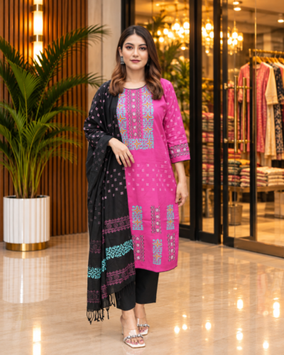 Slub Cotton Kurti with Handwork & Black Dupatta