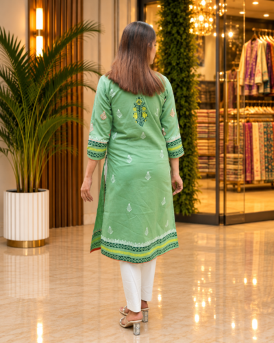 Alternative view of Mint Green Slub Cotton Kurti with Floral Handwork