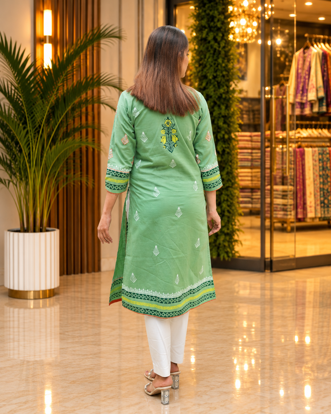 Mint Green Slub Cotton Kurti with Floral Handwork - Image 2
